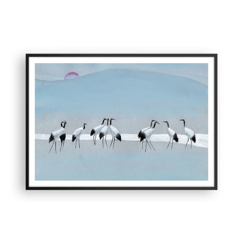 Poster in cornice nera - Un gruppo di gru contro un cielo azzurro e il sole nascente - 100x70cm - Dopo un giorno rovente - Decorazione murale moderna per soggiorno e camera da letto ARTTOR