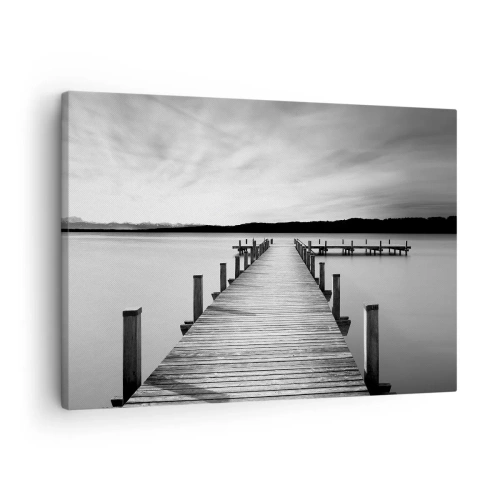 Quadro su tela - Stampe su Tela - Un molo bianco e nero su un lago calmo - 70x50cm - Pace sull'acqua - Decorazione murale moderna per soggiorno e camera da letto ARTTOR