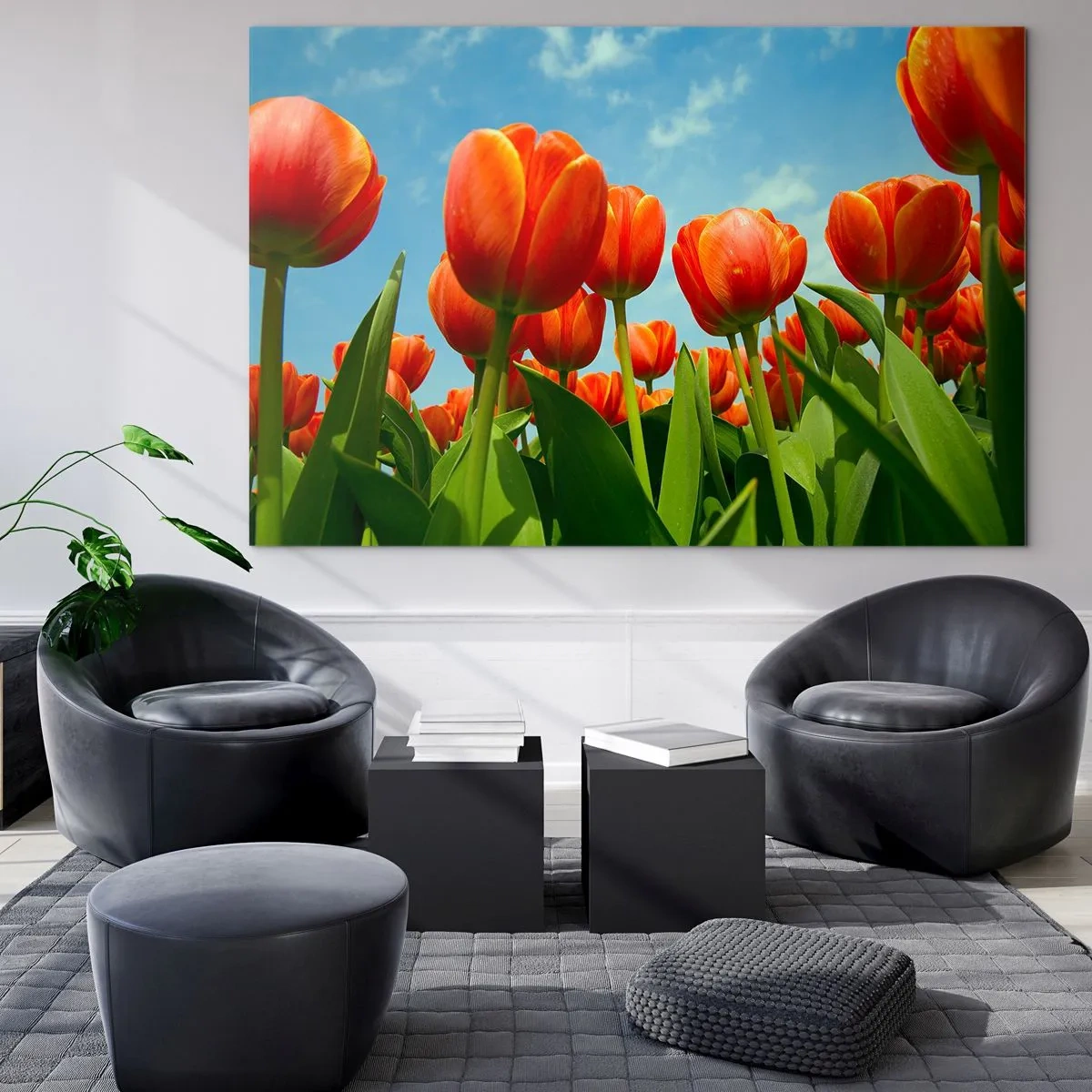 Quadro su vetro - Un campo di tulipani rossi sotto un cielo azzurro - 120x80cm - A loro non serve nulla oltre al cielo azzurro - Decorazione murale moderna per soggiorno e camera da letto ARTTOR