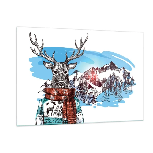 Quadro su vetro - Un cervo con maglione e sciarpa sullo sfondo di un paesaggio montano - 120x80cm - Anche il cervo non ha freddo - Decorazione murale moderna per soggiorno e camera da letto ARTTOR