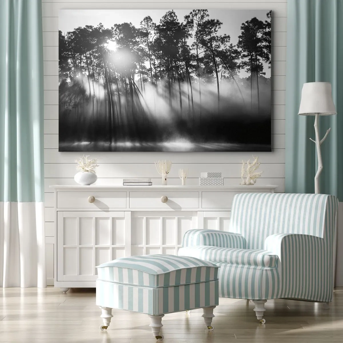 Quadro su tela - Stampe su Tela - Foresta bianca e nera nella nebbia mattutina - 120x80cm - Sole irrefrenabile - Decorazione murale moderna per soggiorno e camera da letto ARTTOR