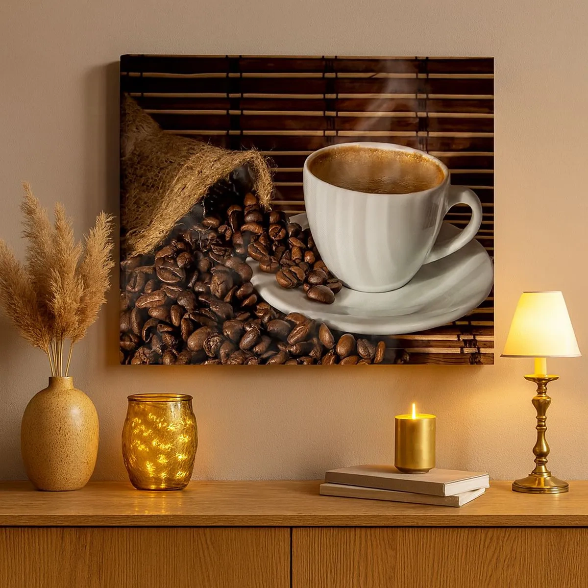 Quadro su tela - Stampe su Tela - Una tazza di caffè con chicchi su uno sfondo di bambù - 70x50cm - Nero del carbone, trasparenza dell'ambra - Decorazione murale moderna per soggiorno e camera da letto ARTTOR