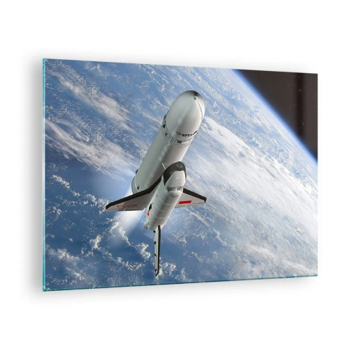 Quadro su vetro - Uno space shuttle decolla nello spazio con la Terra sullo sfondo. - 70x50cm - Ascensione cosmica - Decorazione murale moderna per soggiorno e camera da letto ARTTOR