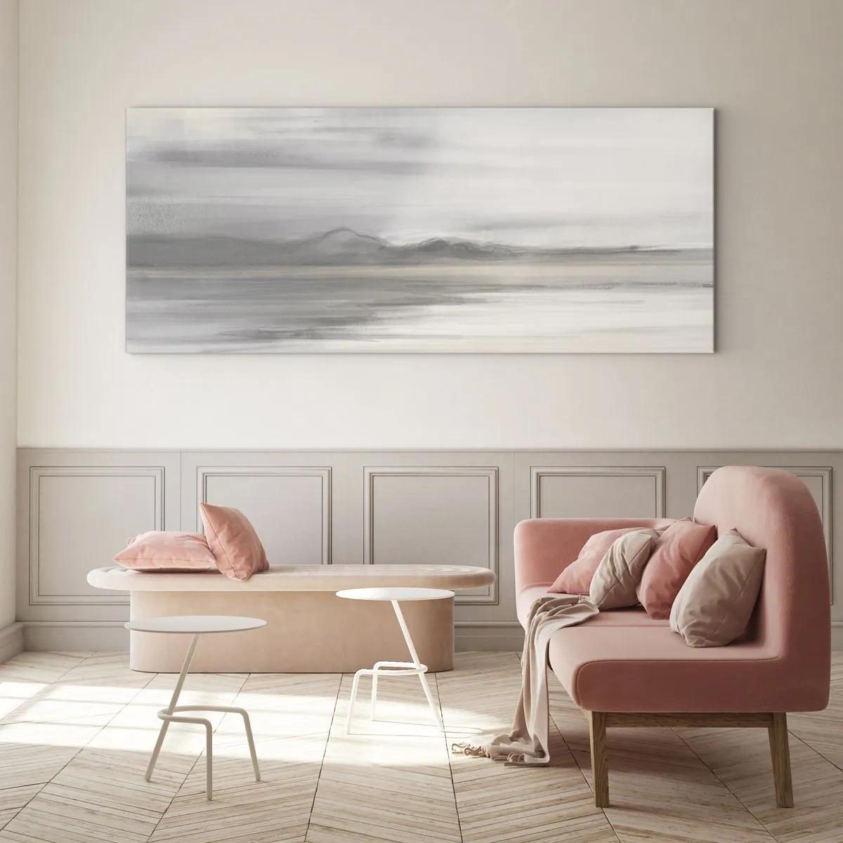 Quadro su vetro - Un paesaggio delicato nei toni del grigio e del beige - 140x50cm - Orizzonte trasognato - Decorazione murale moderna per soggiorno e camera da letto ARTTOR