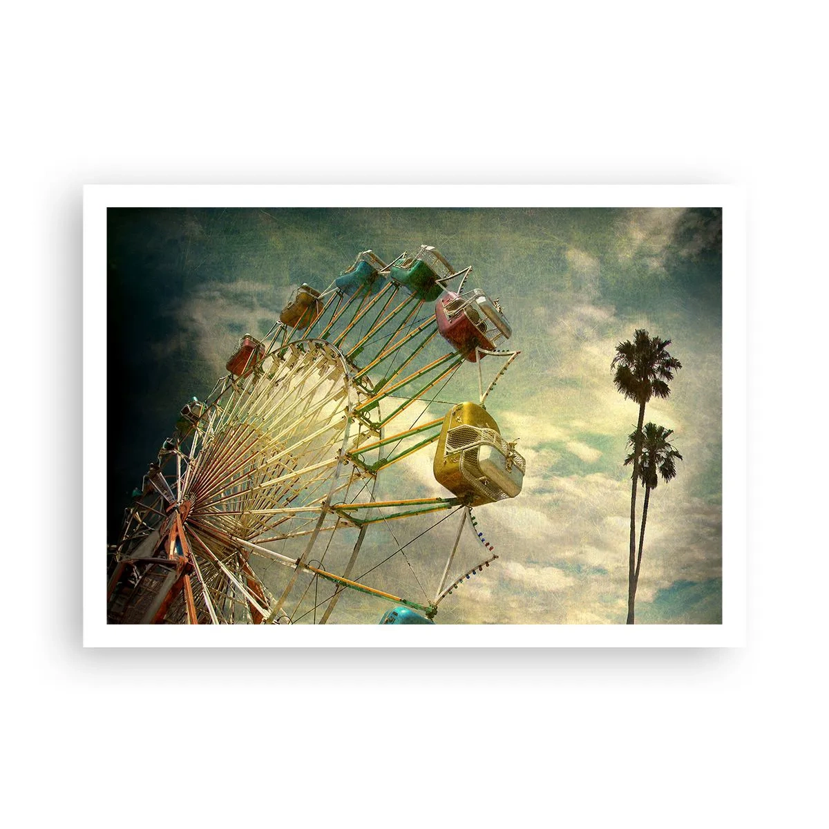 Poster - Foto retrò di una ruota panoramica con palme contro il cielo - 100x70cm - Il divertimento comincia... - Decorazione murale moderna per soggiorno e camera da letto ARTTOR