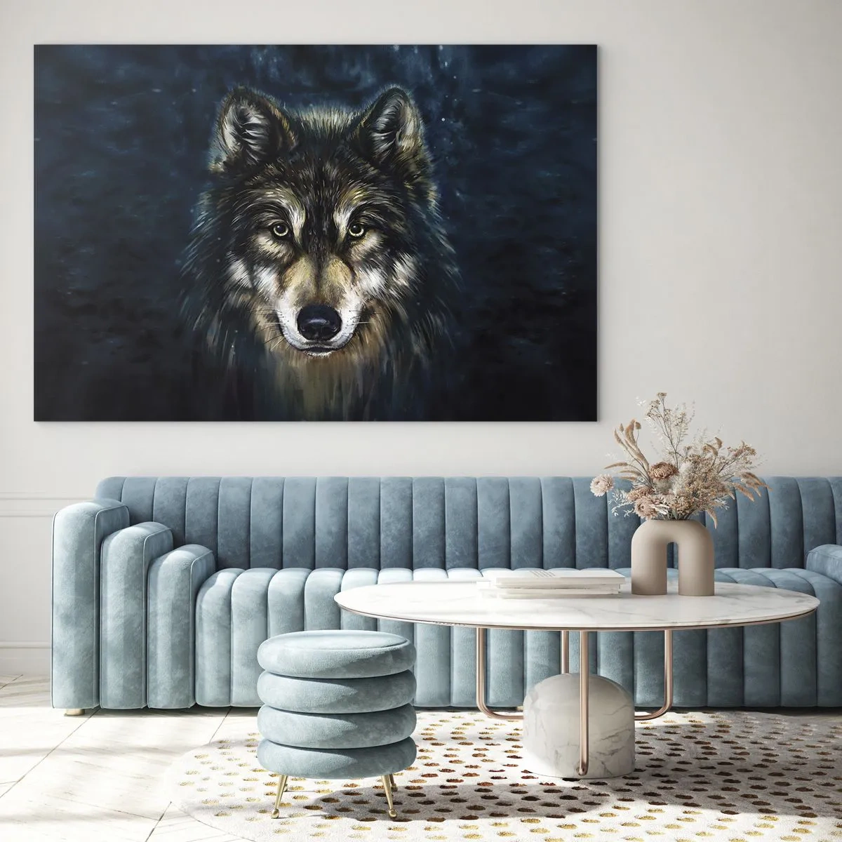 Quadro su vetro - Un lupo su uno sfondo scuro, come una foresta, in stile realistico. - 70x50cm - Alfa? E omega - Decorazione murale moderna per soggiorno e camera da letto ARTTOR