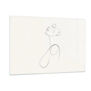 Quadro su vetro - Volto femminile e silhouette in stile line art su sfondo bianco - 120x80cm - Avvolta nei sogni - Decorazione murale moderna per soggiorno e camera da letto ARTTOR