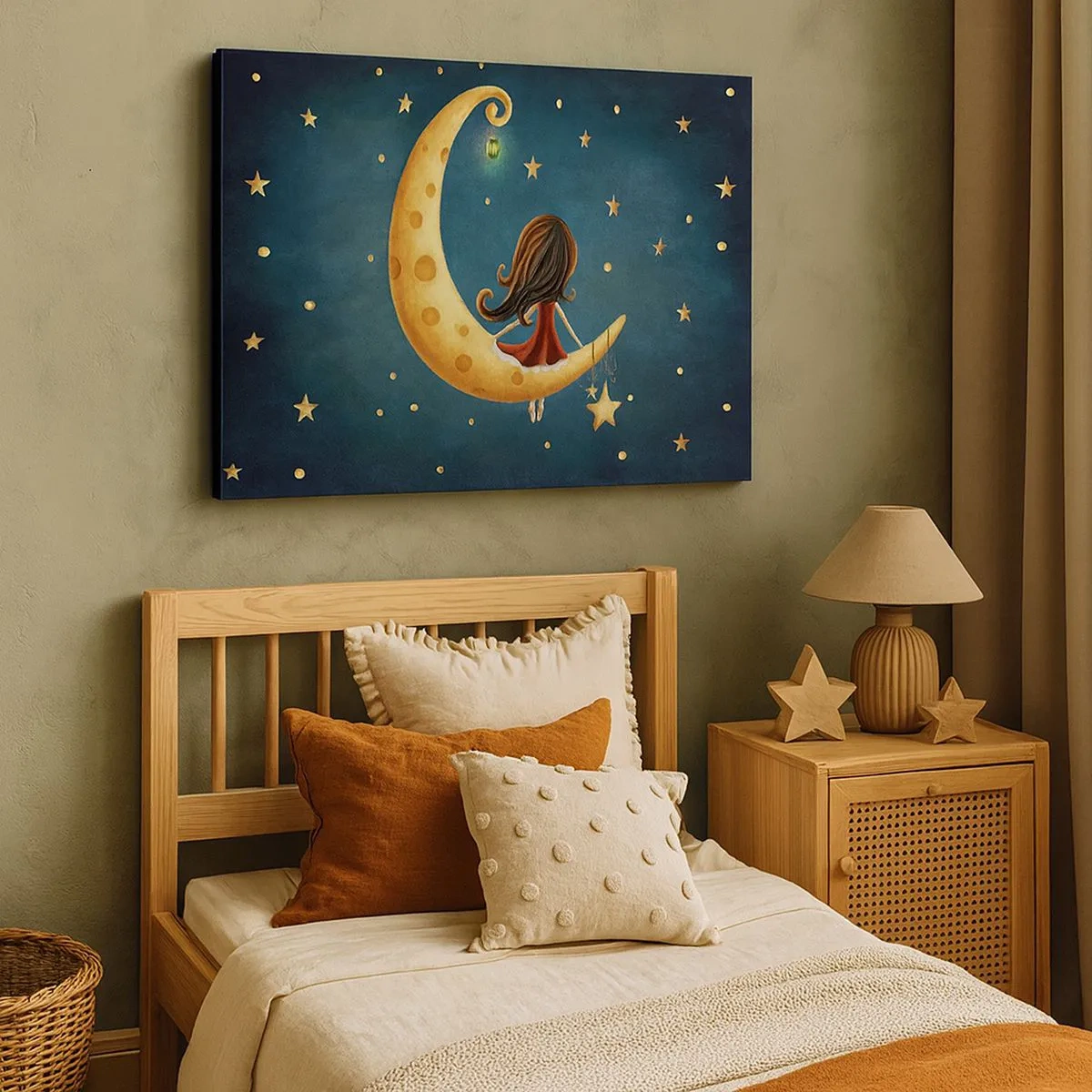 Quadro su tela - Stampe su Tela - Una ragazza sulla luna circondata dalle stelle - 70x50cm - Una volta... - Decorazione murale moderna per soggiorno e camera da letto ARTTOR