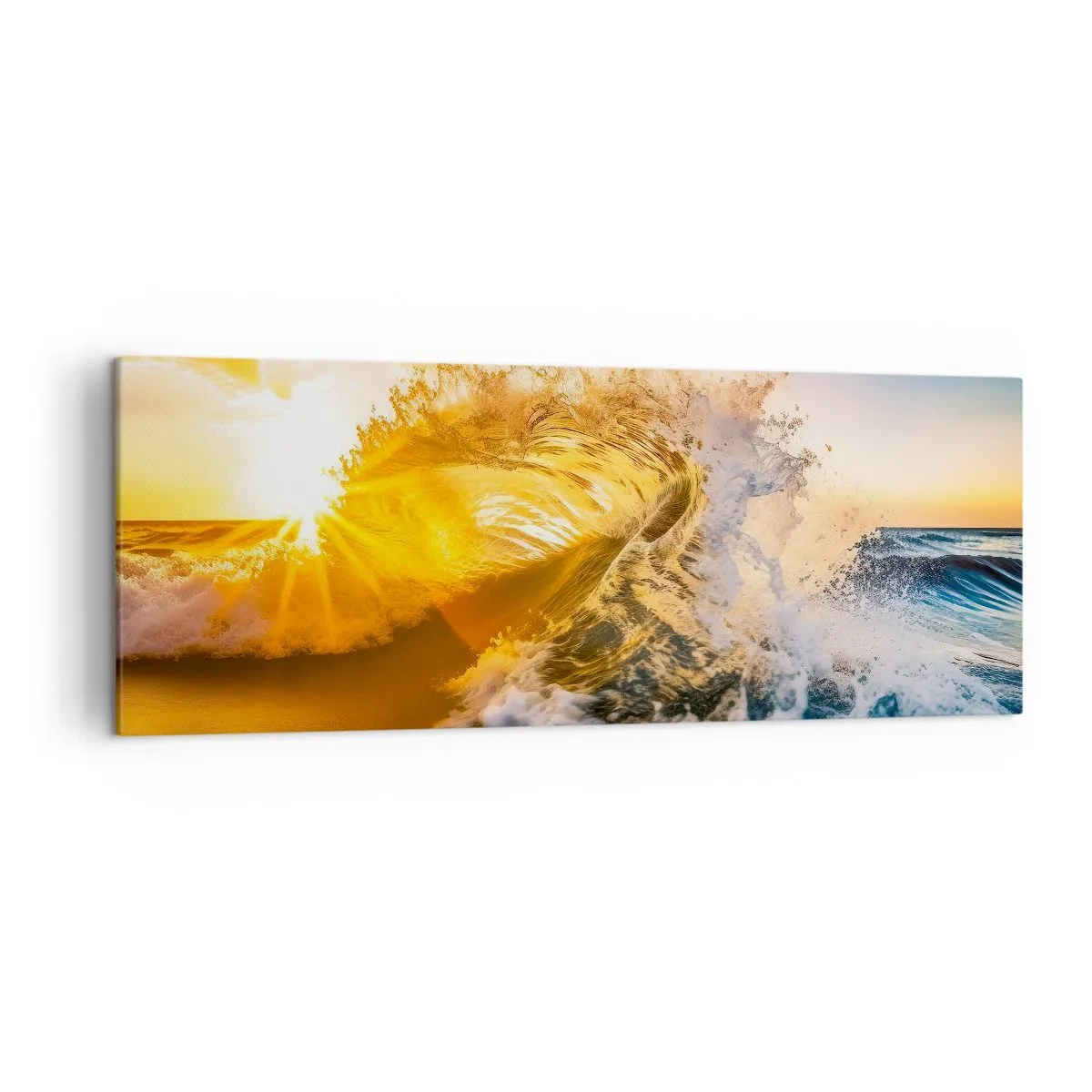 Quadro su tela - Stampe su Tela - Un'onda dorata sullo sfondo del sole al tramonto - 140x50cm - Gioco sulla sabbia - Decorazione murale moderna per soggiorno e camera da letto ARTTOR