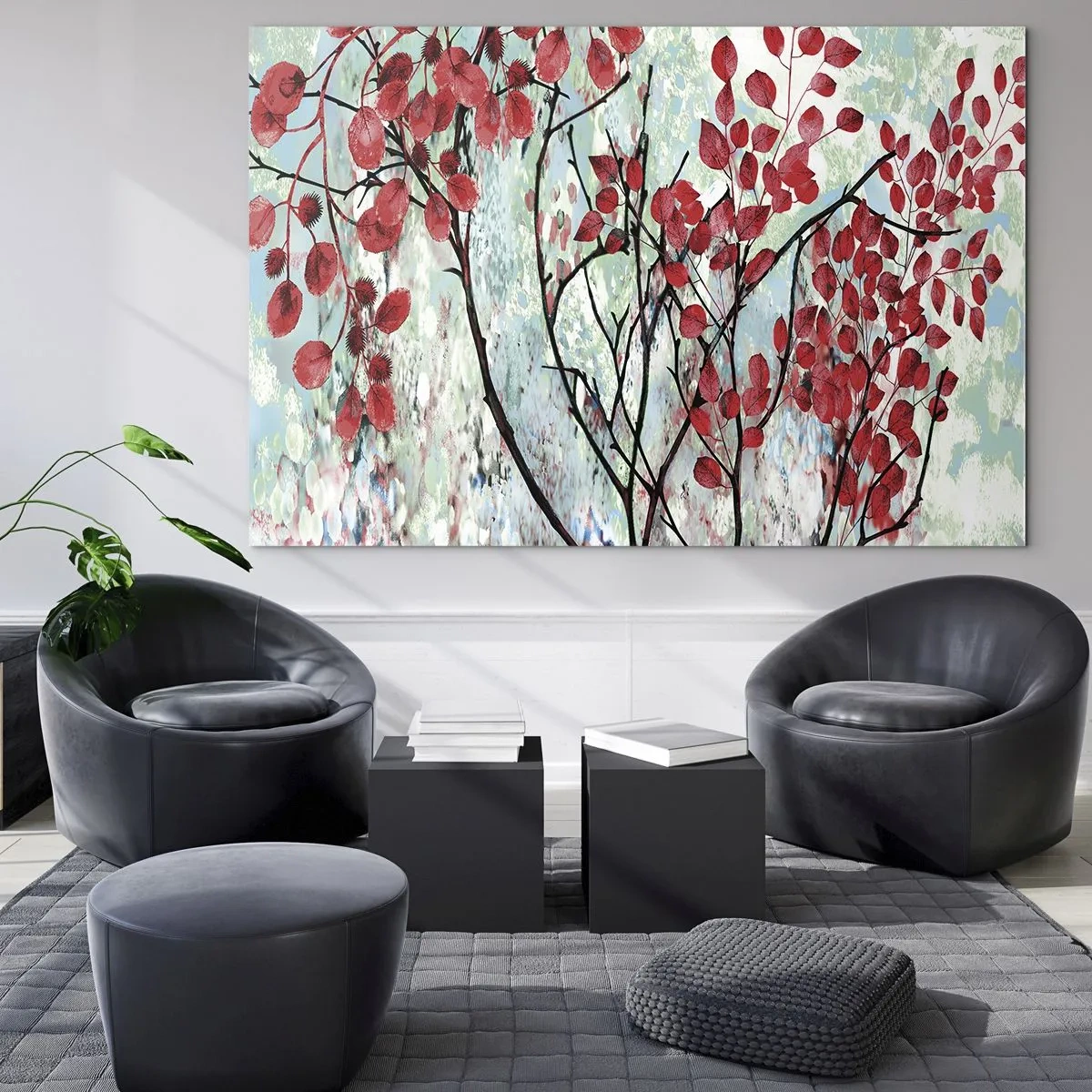 Quadro su vetro - Rami con foglie rosse su uno sfondo dipinto - 100x70cm - Albero in scarlatto - Decorazione murale moderna per soggiorno e camera da letto ARTTOR