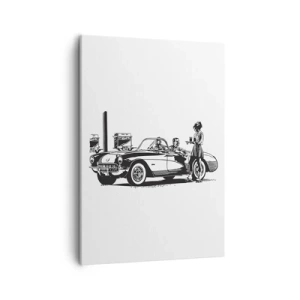 Quadro su tela - Stampe su Tela - Una scena retrò in bianco e nero con un'auto e una cameriera sui pattini a rotelle. - 50x70cm - Anni '60: l'America spensierata - Decorazione murale moderna per soggiorno e camera da letto ARTTOR