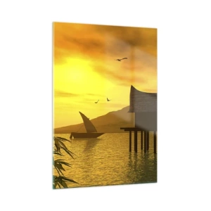 Quadro su vetro - Tramonto sul lago con una casa su palafitte - 50x70cm - Calma desiderata - Decorazione murale moderna per soggiorno e camera da letto ARTTOR