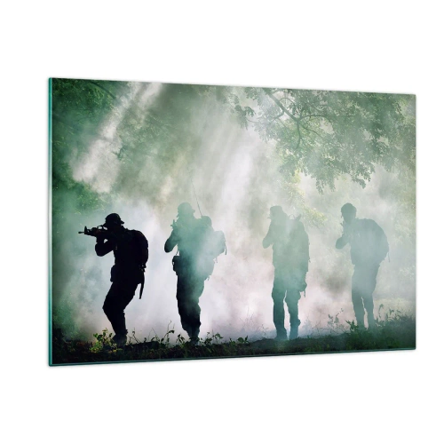 Quadro su vetro - Un gruppo di soldati in fumo, che camminano nella foresta, in piena allerta - 120x80cm - Uno per tutti… - Decorazione murale moderna per soggiorno e camera da letto ARTTOR