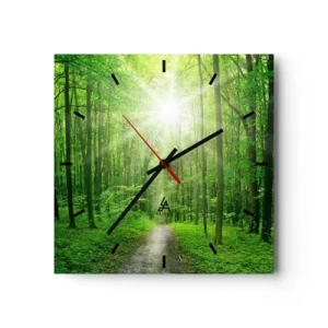 Orologio da parete - Orologio in Vetro - Sentiero nel bosco con raggi di sole - 30x30cm - Cattedrale verde - Decorazione murale moderna per soggiorno e camera da letto ARTTOR