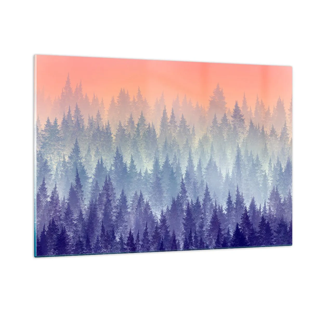Quadro su vetro - Misteriosa foresta di conifere nelle tonalità pastello del mattino - 120x80cm - Alto, più in alto, fino al cielo - Decorazione murale moderna per soggiorno e camera da letto ARTTOR
