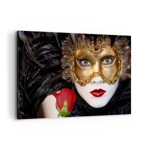 Quadro su tela - Stampe su Tela - Maschera veneziana dorata con piume e rosa rossa, motivo misterioso. - 120x80cm - Perché la vita è un grande ballo - Decorazione murale moderna per soggiorno e camera da letto ARTTOR