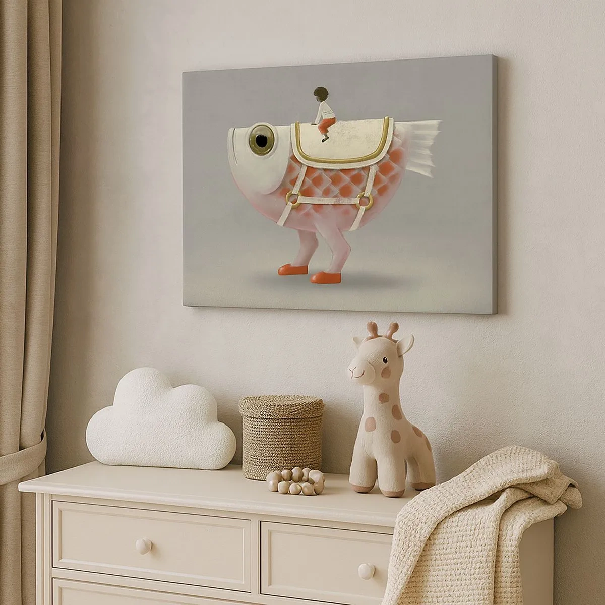 Quadro su tela - Stampe su Tela - Un fantasioso cavaliere di pesce con gambe e sella - 70x50cm - Il cavaliere del pesce - Decorazione murale moderna per soggiorno e camera da letto ARTTOR