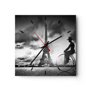 Orologio da parete - Orologio in Vetro - Immagine in bianco e nero di una bicicletta retrò con la Torre Eiffel sullo sfondo - 30x30cm - Nostalgia della Belle Epoque - Decorazione murale moderna per soggiorno e camera da letto ARTTOR