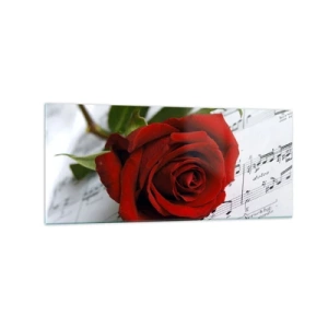 Quadro su vetro - Una rosa rossa su uno sfondo di note musicali su carta bianca. - 120x50cm - La musica dei sentimenti in scarlatto - Decorazione murale moderna per soggiorno e camera da letto ARTTOR