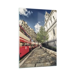 Quadro su vetro - Un autobus rosso a due piani in un contesto urbano - 50x70cm - Via di Londra in grigio e rosso - Decorazione murale moderna per soggiorno e camera da letto ARTTOR
