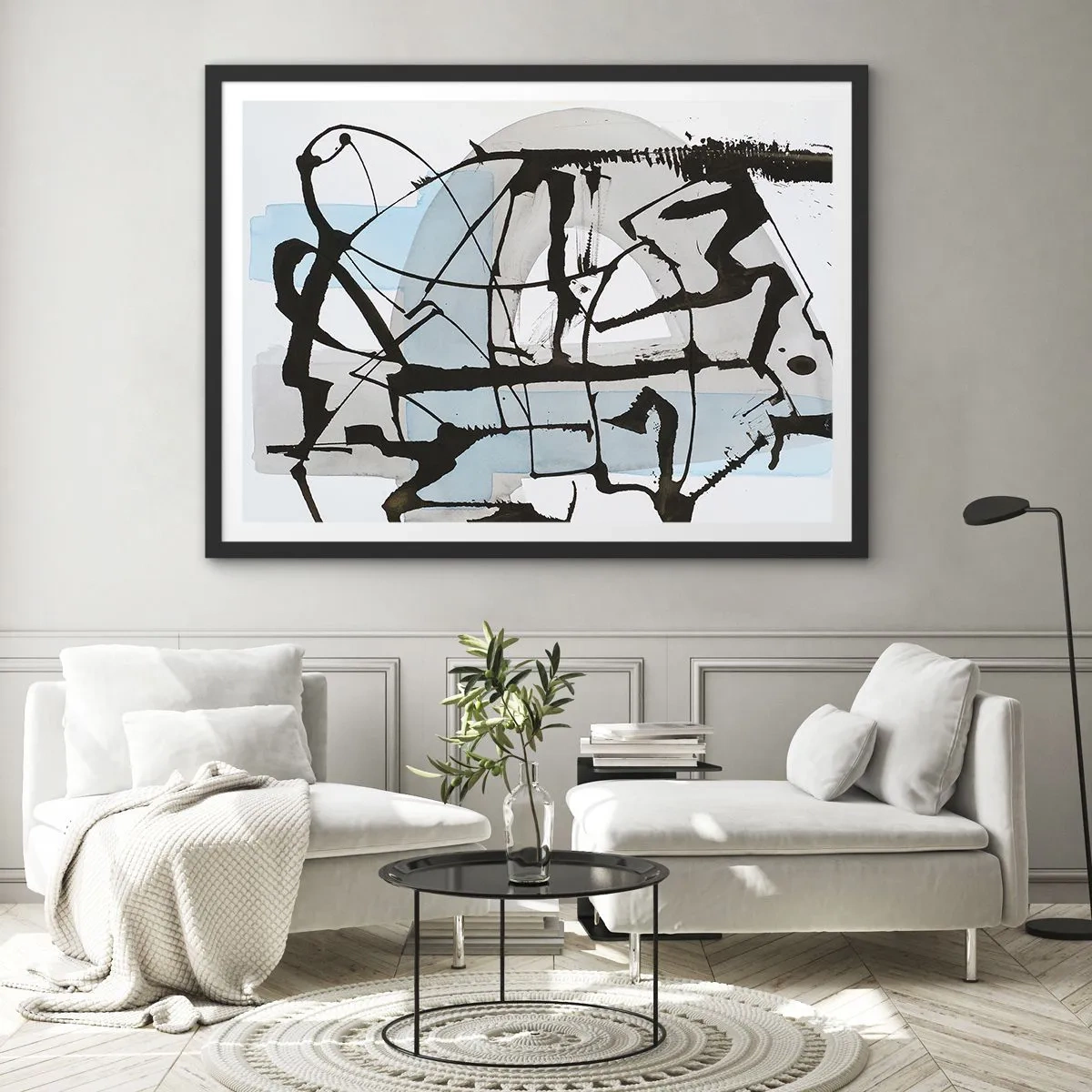 Poster in cornice nera - Linee e forme astratte in blu e nero - 70x50cm - Blu nonostante tutto - Decorazione murale moderna per soggiorno e camera da letto ARTTOR
