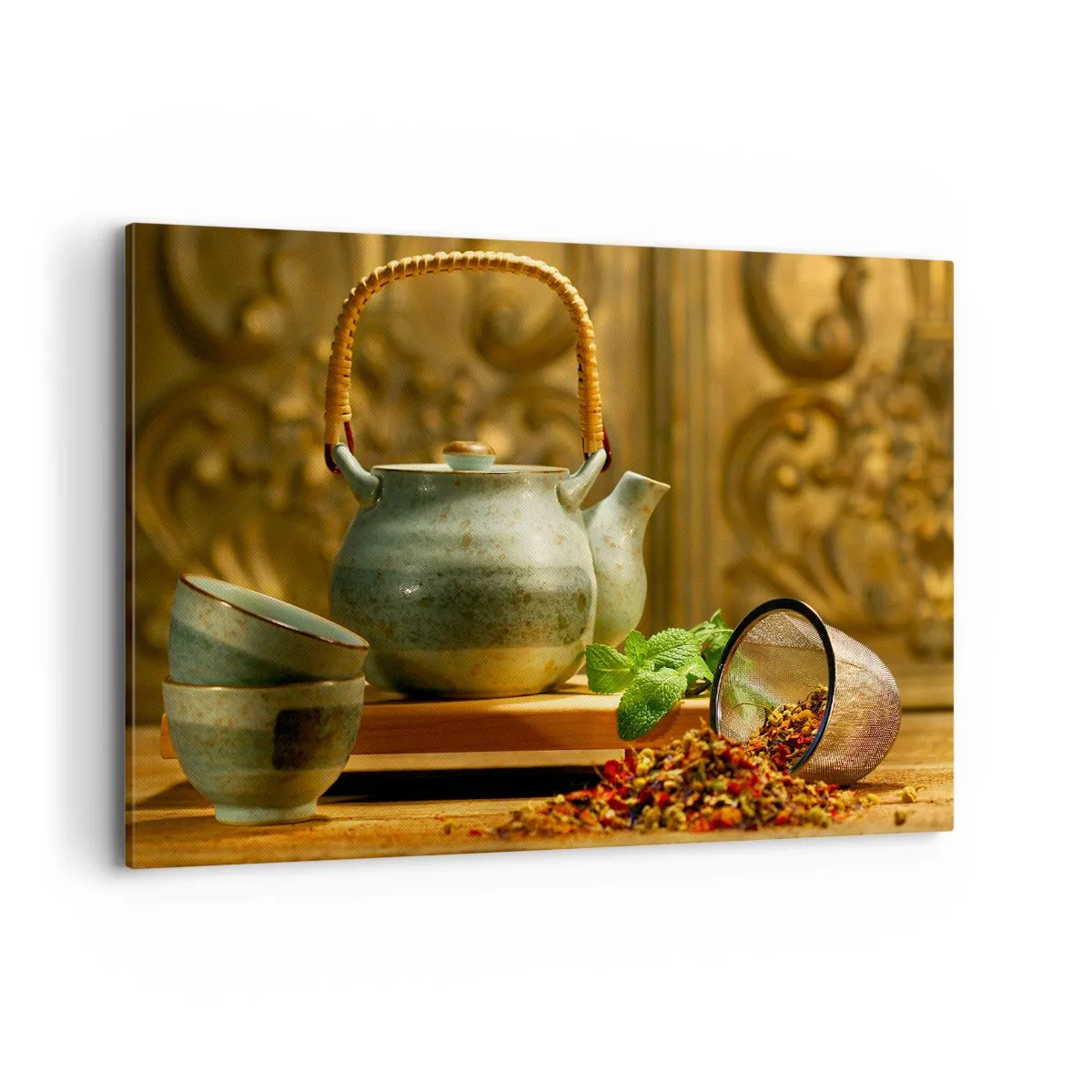 Quadro su tela - Stampe su Tela - Brocca in ceramica con tazze e tè essiccato - 120x80cm - Trattato sul tè - Decorazione murale moderna per soggiorno e camera da letto ARTTOR