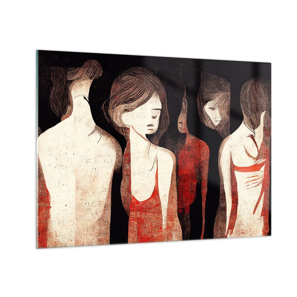 Quadro su vetro - Silhouette femminili astratte in rosso su sfondo nero - 70x50cm - Madonne nell'oscurità - Decorazione murale moderna per soggiorno e camera da letto ARTTOR