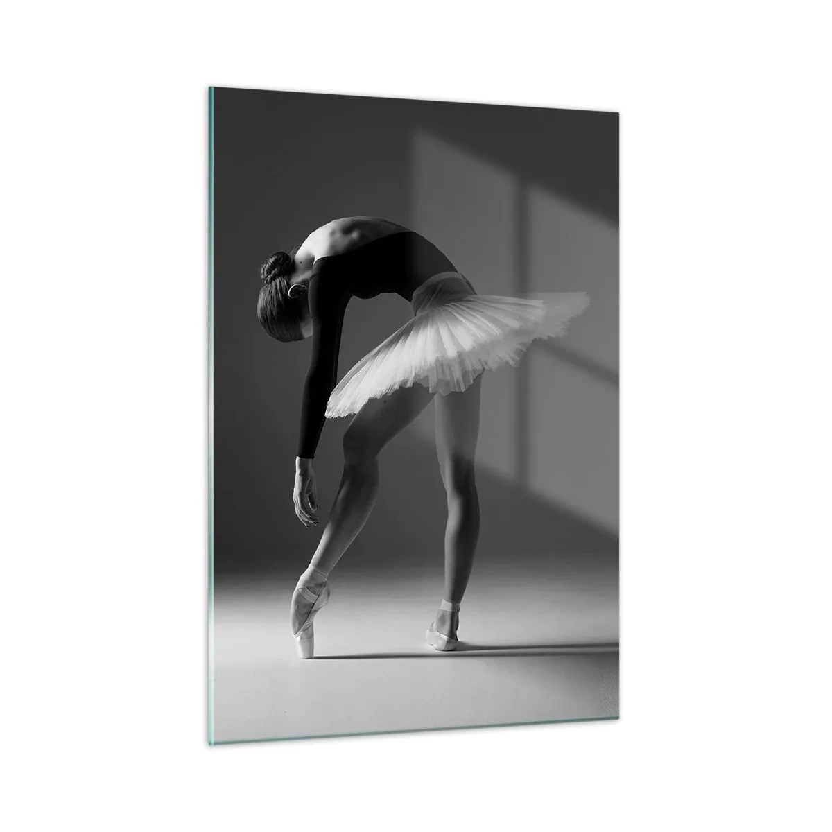 Quadro su vetro - Silhouette in bianco e nero di una ballerina in una posa aggraziata - 50x70cm - Bella ballerina - Decorazione murale moderna per soggiorno e camera da letto ARTTOR
