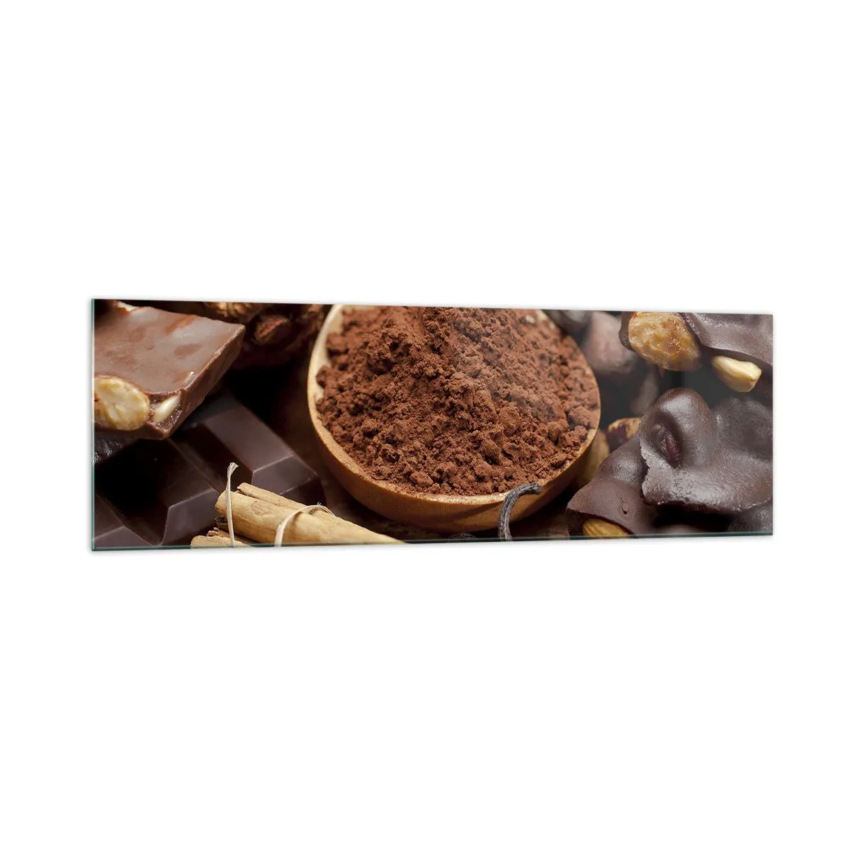 Quadro su vetro - Un cucchiaio di cacao e ingredienti al cioccolato in una disposizione rustica - 160x50cm - Ideale per i momenti di tristezza - Decorazione murale moderna per soggiorno e camera da letto ARTTOR
