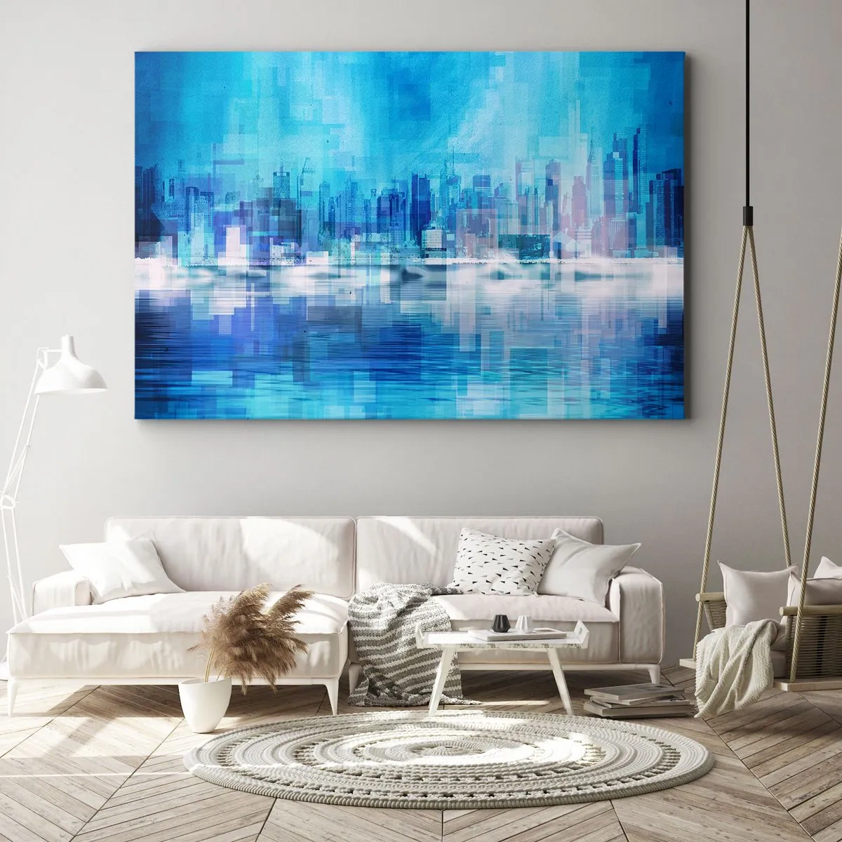 Quadro su tela - Stampe su Tela - Panorama urbano astratto nei toni del blu - 120x80cm - Immersi nel blu - Decorazione murale moderna per soggiorno e camera da letto ARTTOR