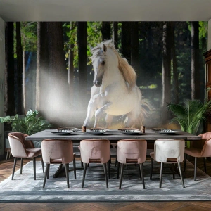 Fotomurali Premium Sand - Un cavallo bianco che galoppa attraverso una radura nella foresta - 100x70cm - Come nei racconti fantasy - Decorazione murale moderna per soggiorno e camera da letto ARTTOR
