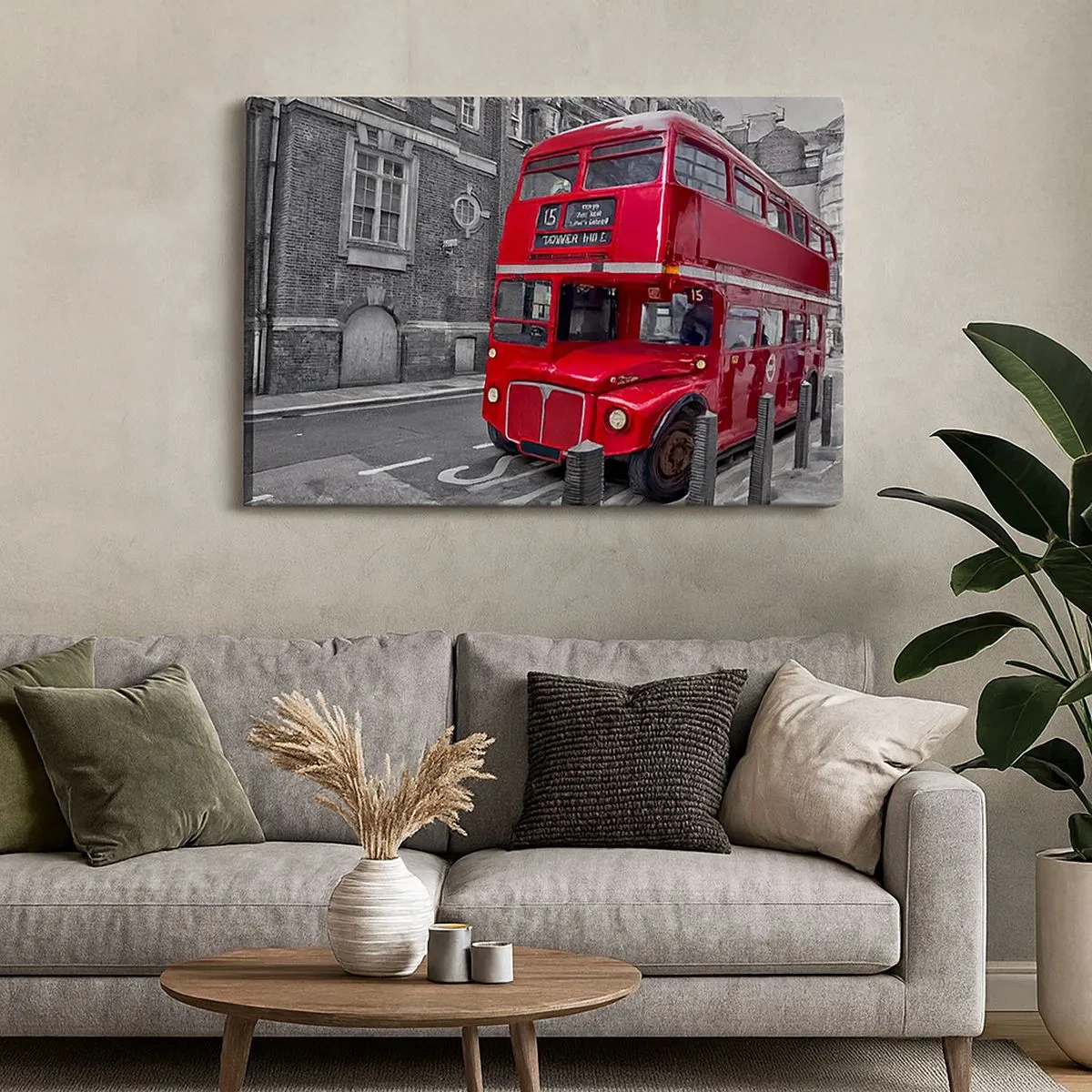 Quadro su tela - Stampe su Tela - Un autobus rosso a due piani a Londra sullo sfondo di un'architettura classica - 70x50cm - Sempre lo stesso - Decorazione murale moderna per soggiorno e camera da letto ARTTOR