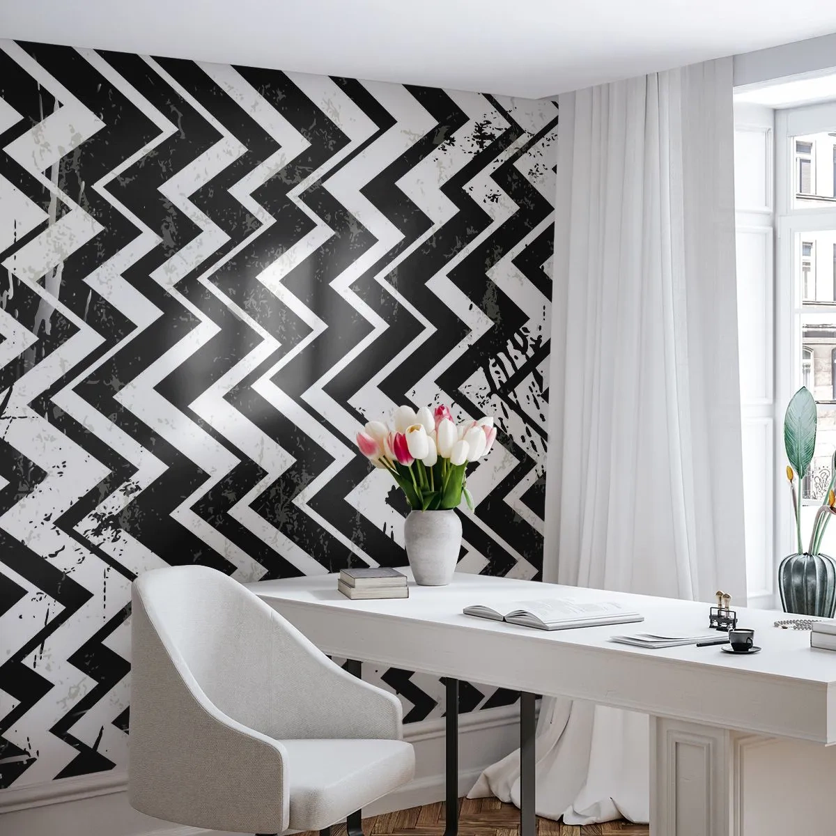 Fotomurali Premium Sand - Motivo a zigzag bianco e nero con effetto invecchiato - 100x70cm - Zig-bianco, zag-nero - Decorazione murale moderna per soggiorno e camera da letto ARTTOR