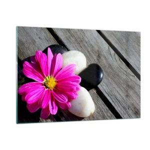 Quadro su vetro - Fiore rosa con pietre su uno sfondo di legno - 120x80cm - Riposo sul molo - Decorazione murale moderna per soggiorno e camera da letto ARTTOR