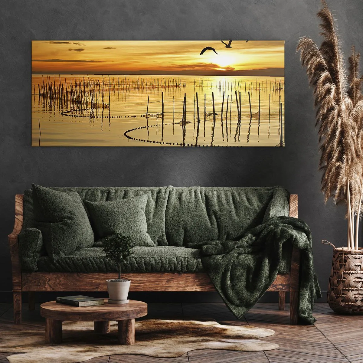Quadro su tela - Stampe su Tela - Tramonto sull'acqua con uccelli in volo - 140x50cm - Alla pesca - Decorazione murale moderna per soggiorno e camera da letto ARTTOR