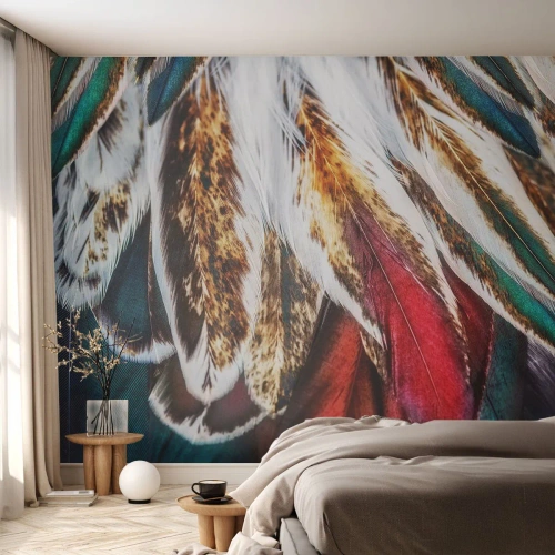 Fotomurali Standard Eco - Piume colorate in un primo piano dettagliato con un motivo naturale - 100x70cm - I misteri del volo - Decorazione murale moderna per soggiorno e camera da letto ARTTOR