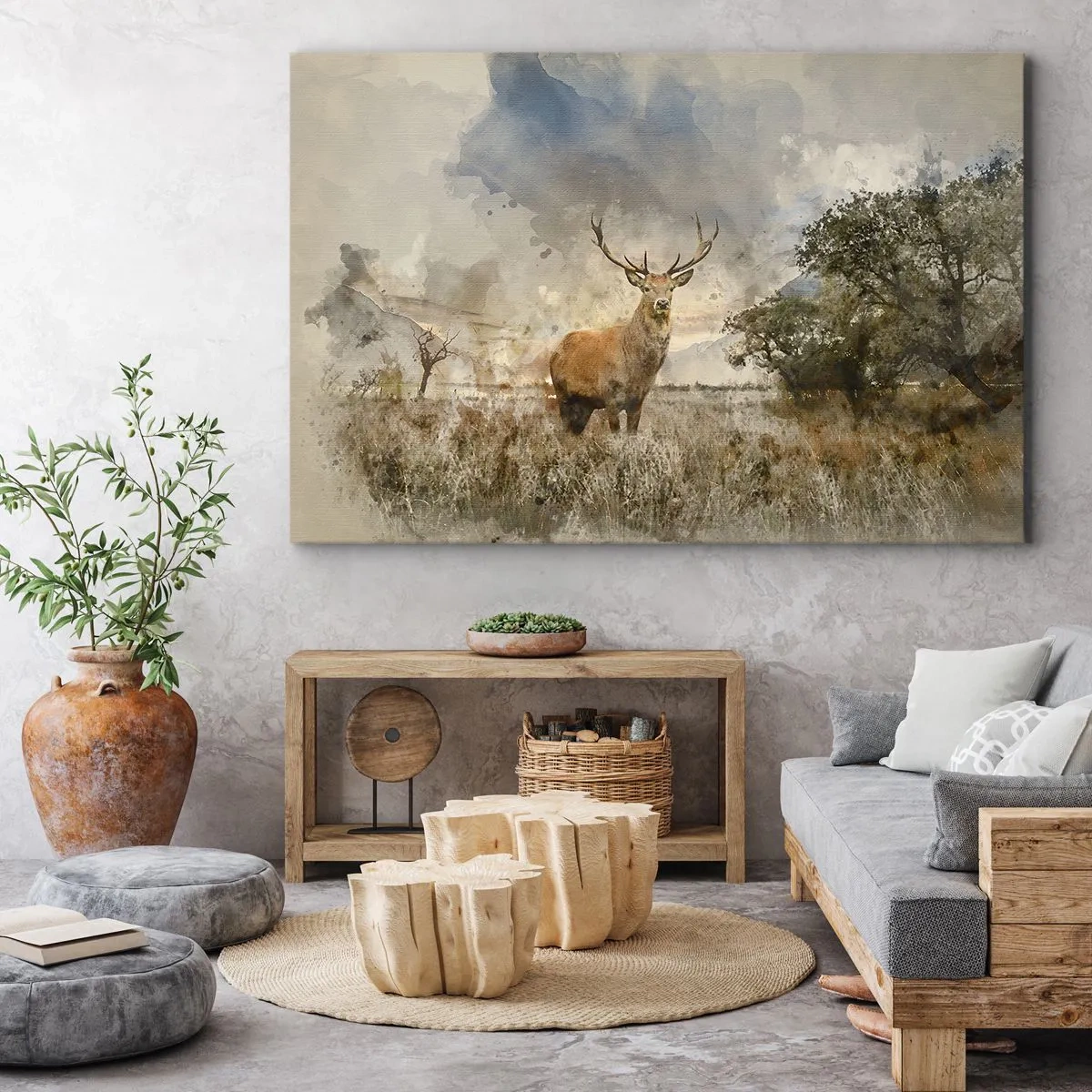 Quadro su tela - Stampe su Tela - Un cervo in un ambiente naturale in stile acquerello - 70x50cm - Dignità - forza - maestosità - Decorazione murale moderna per soggiorno e camera da letto ARTTOR