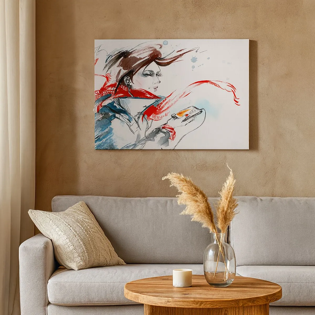 Quadro su tela - Stampe su Tela - Una donna con una sciarpa rossa con pennellate dinamiche ad acquerello - 70x50cm - Sentire la musica dentro - Decorazione murale moderna per soggiorno e camera da letto ARTTOR