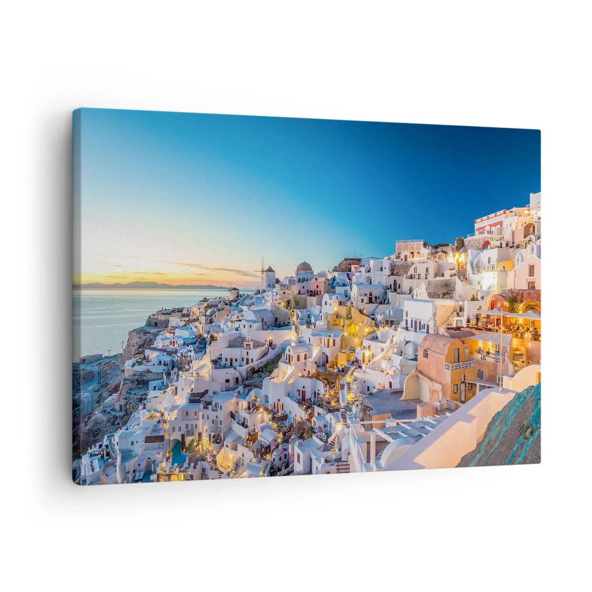 Quadro su tela - Stampe su Tela - Vista di una città greca al tramonto - 70x50cm - Essenza della grecità - Decorazione murale moderna per soggiorno e camera da letto ARTTOR