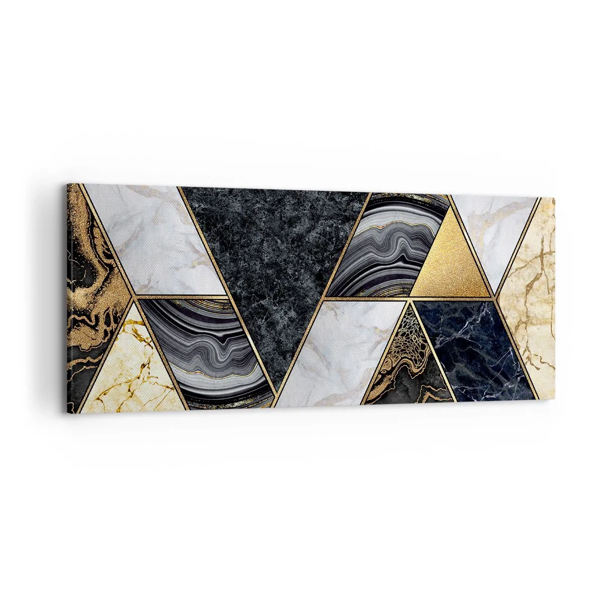 Quadro su tela - Stampe su Tela - Triangoli geometrici in oro, marmo e tonalità scure - 120x50cm - Pietra su pietra - Decorazione murale moderna per soggiorno e camera da letto ARTTOR