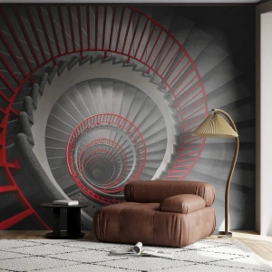 Fotomurali Premium Canvas - Scala a chiocciola con corrimano rossi in prospettiva dinamica - 100x70cm - I giochi dell'architettura - Decorazione murale moderna per soggiorno e camera da letto ARTTOR