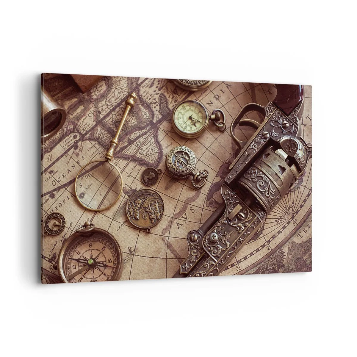 Quadro su tela - Stampe su Tela - Oggetti antichi su una vecchia mappa in stile retrò - 120x80cm - La natura chiama - Decorazione murale moderna per soggiorno e camera da letto ARTTOR