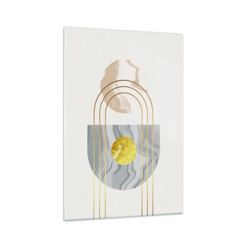 Quadro su vetro - Composizione astratta con cerchi e linee dorate su uno sfondo chiaro. - 70x100cm - Chiarezza e lucentezza - Decorazione murale moderna per soggiorno e camera da letto ARTTOR