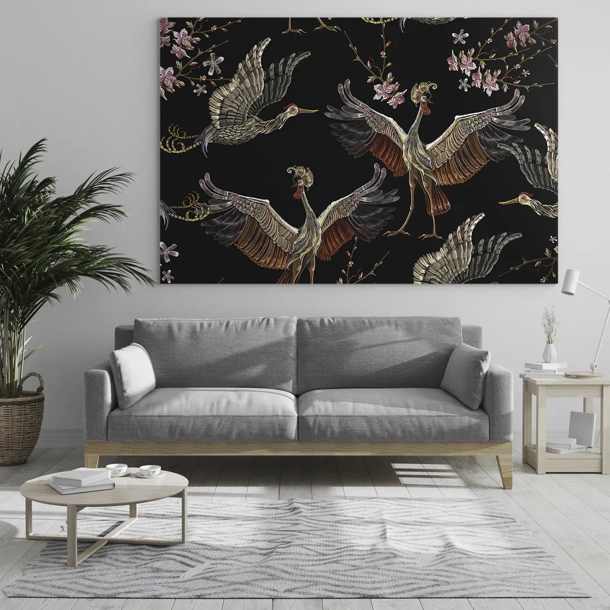Quadro su vetro - Uccelli in volo con fiori su sfondo nero, stile retrò - 100x70cm - Uccello fantastico - Decorazione murale moderna per soggiorno e camera da letto ARTTOR