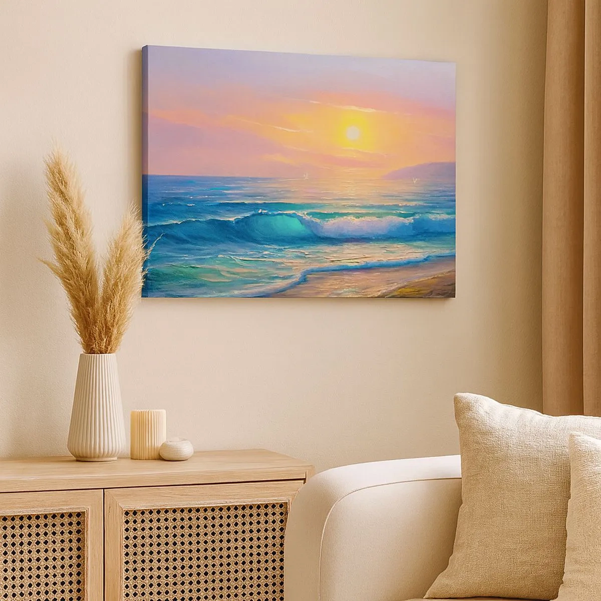 Quadro su tela - Stampe su Tela - Paesaggio marino con tramonto - 70x50cm - Il canto turchese delle onde - Decorazione murale moderna per soggiorno e camera da letto ARTTOR