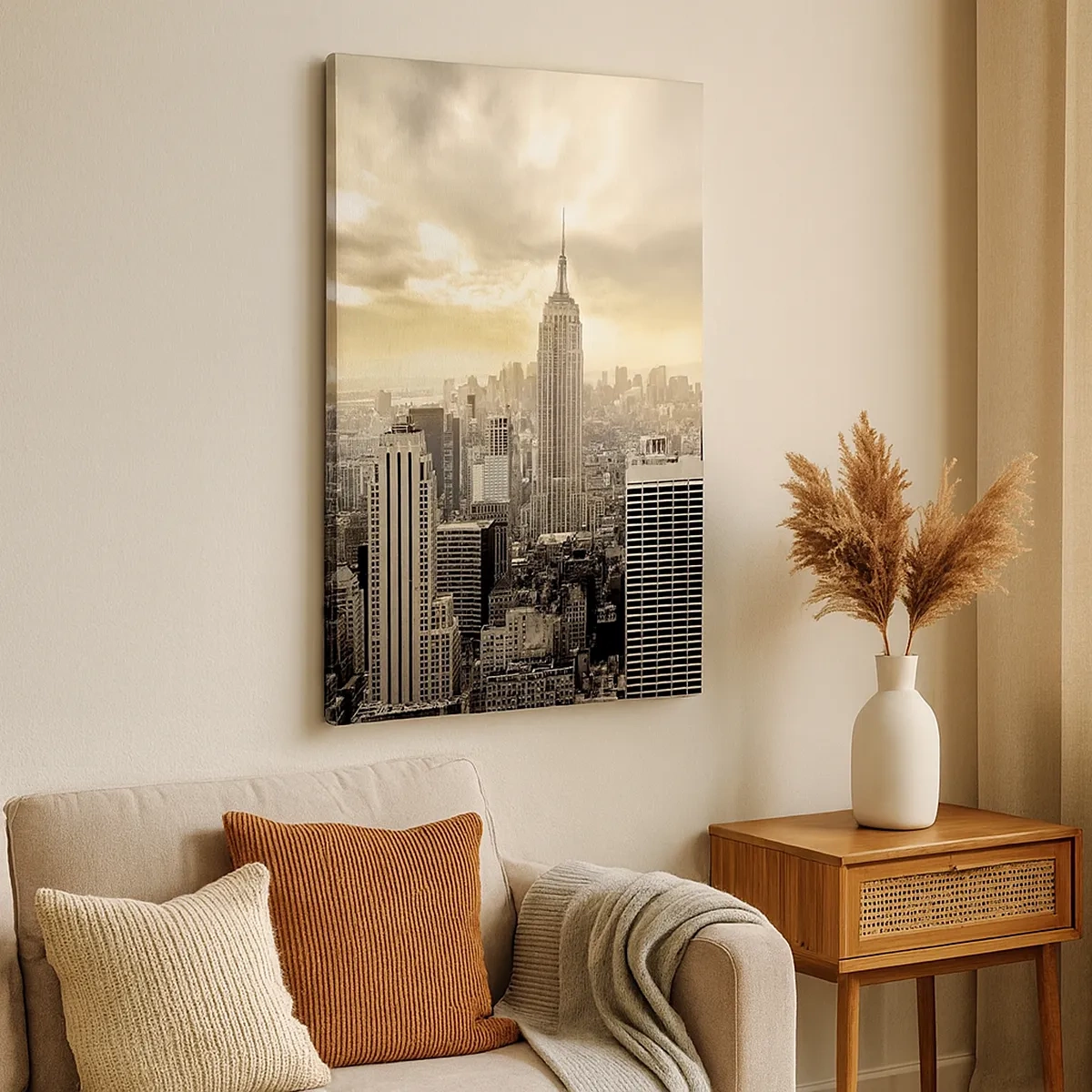 Quadro su tela - Stampe su Tela - Panorama della città con vista sull'Empire State Building - 50x70cm - New York in grigio - Decorazione murale moderna per soggiorno e camera da letto ARTTOR