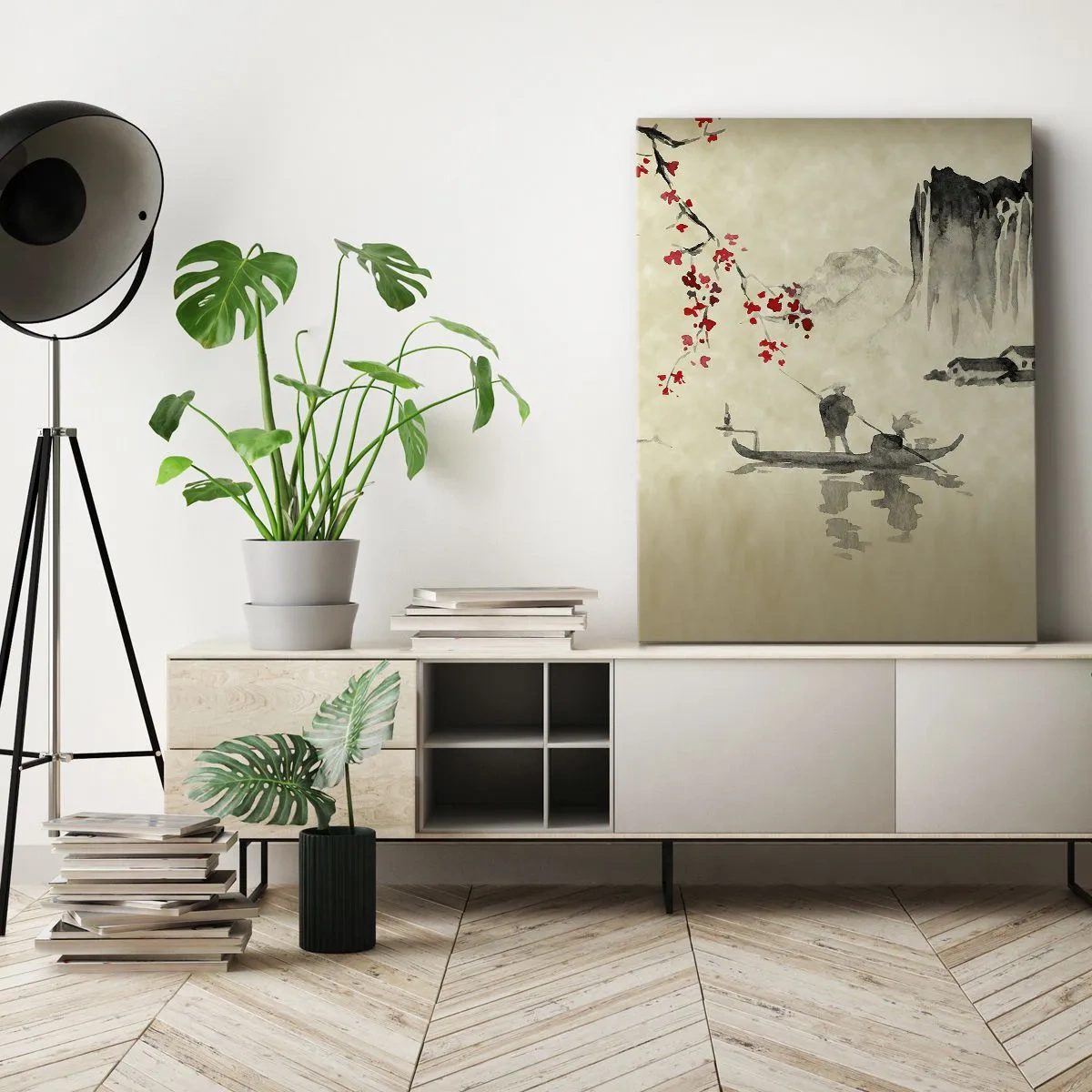 Quadro su tela - Stampe su Tela - Illustrazione orientale con una barca e un ramo fiorito - 70x100cm - Nel paese dei ciliegi in fiore - Decorazione murale moderna per soggiorno e camera da letto ARTTOR