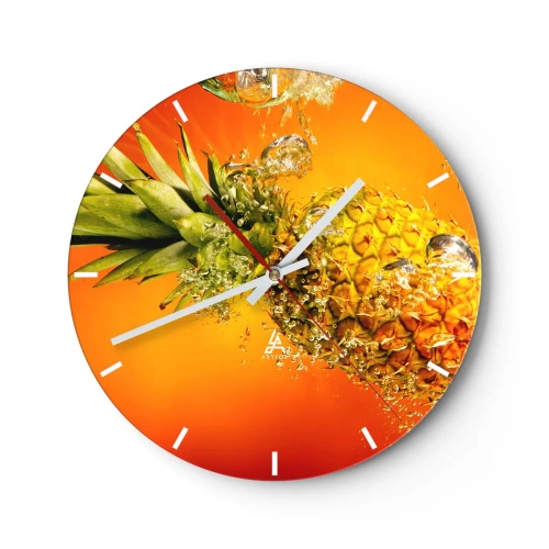 Orologio da parete - Orologio in Vetro - Un ananas immerso nell'acqua su uno sfondo sfumato arancione. - 30x30cm - Succosa freschezza tropicale - Decorazione murale moderna per soggiorno, cucina e camera da letto ARTTOR
