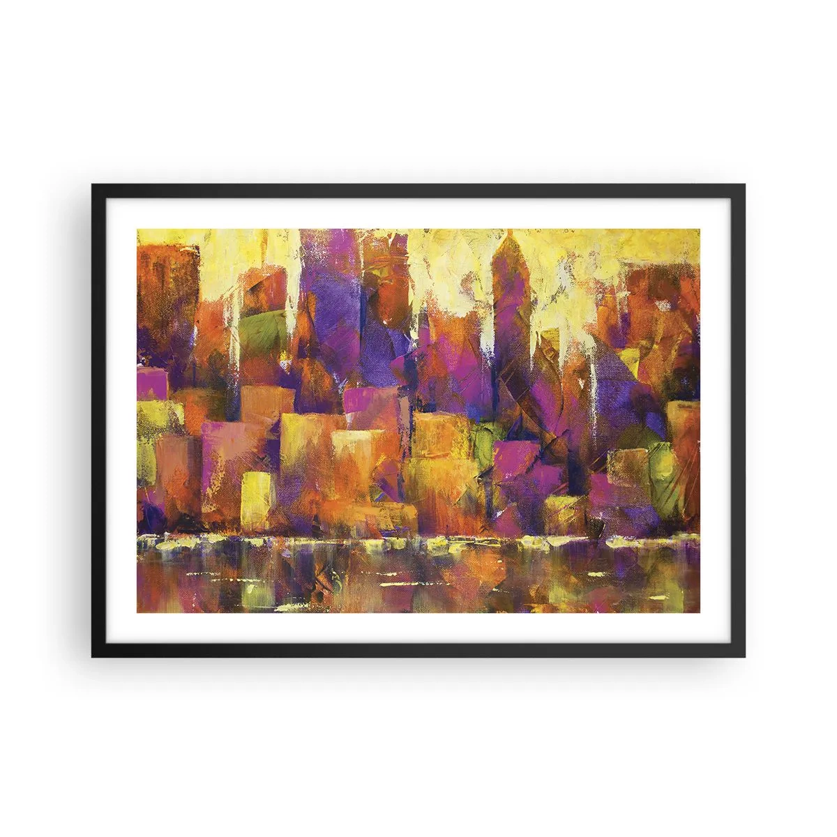 Poster in cornice nera - Composizione astratta di una metropoli nei toni del giallo e del viola - 70x50cm - Composizione metropolitana - Decorazione murale moderna per soggiorno e camera da letto ARTTOR