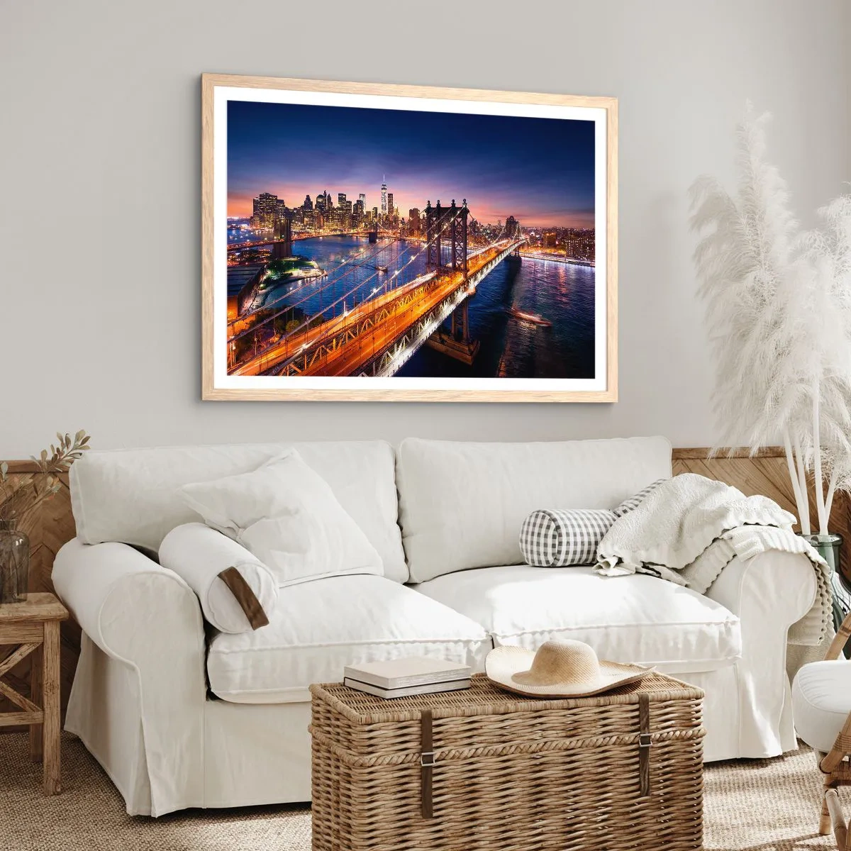 Poster in cornice rovere chiaro - Il ponte luminoso fino al cuore della città - 100x70 cm